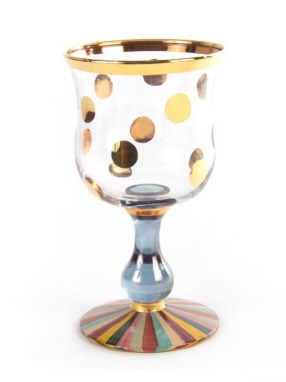 MacKenzie-Childs Foxtrot Wine Glasses Set 2 Hand-Painted Gold Polka Dot Goblets